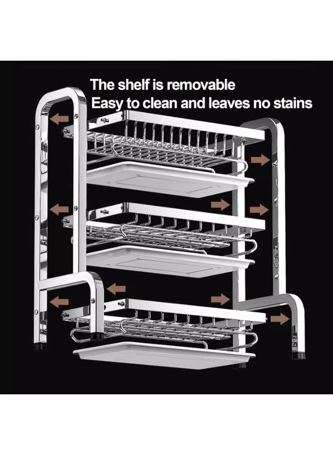 3 Layer Kitchen Dish Drying Rack, Stainless Steel Cabinet Organizer, with Water Tray, Knife Holder and Chopstick Cage - Image 4